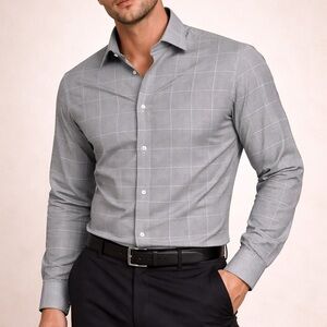 Calvin Klein Slim Fit Non-Iron Gray Plaid Dress Shirt Men’s M NWOT